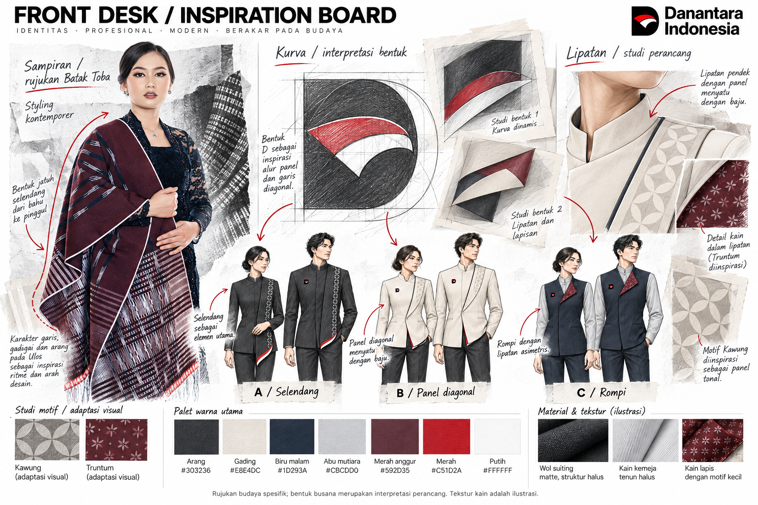 Moodboard riset front desk dengan asal sampiran, interpretasi kurva dan studi lipatan
