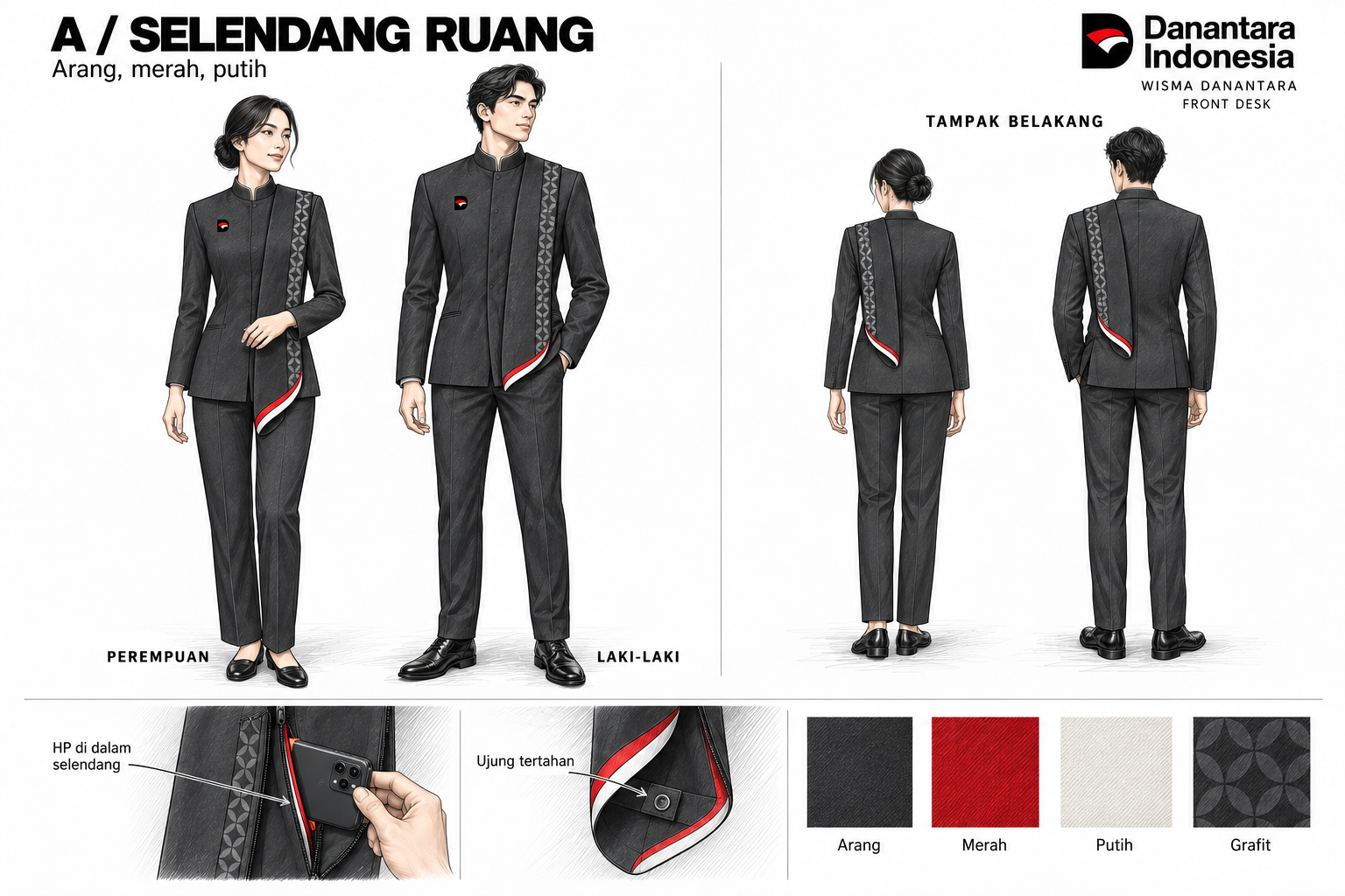 Front desk opsi A, perempuan dan laki-laki, depan dan belakang